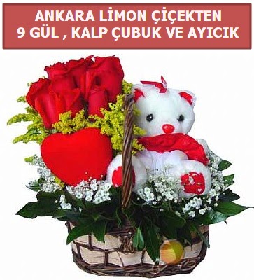 Kalp �ubuk sepette 9 g�l ve ay�c�k  Ankara eryaman �i�ek�i telefonlar�  