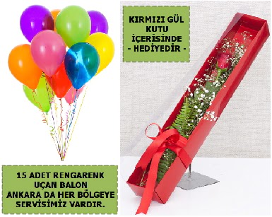 15 Adet u�an balon ve kutuda k�rm�z� g�l  Ankara etimesgut �i�ek , �i�ek�i , �i�ek�ilik 
