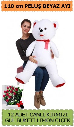 110 cm beyaz kocaman pelu� ay� ve 12 g�l  Ankara sincan �i�ek g�nderme 